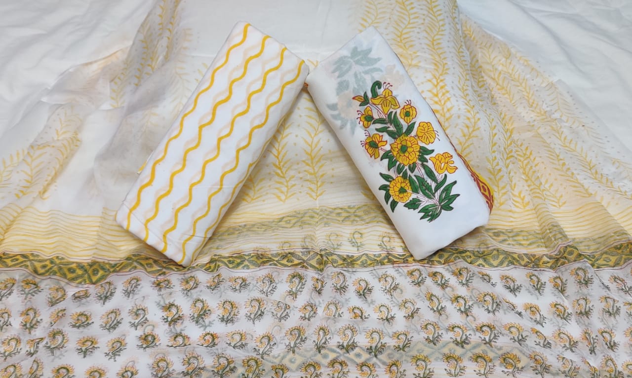 White & Yellow  Flower Cotton Unstitched Suit Set with Chiffon Dupatta