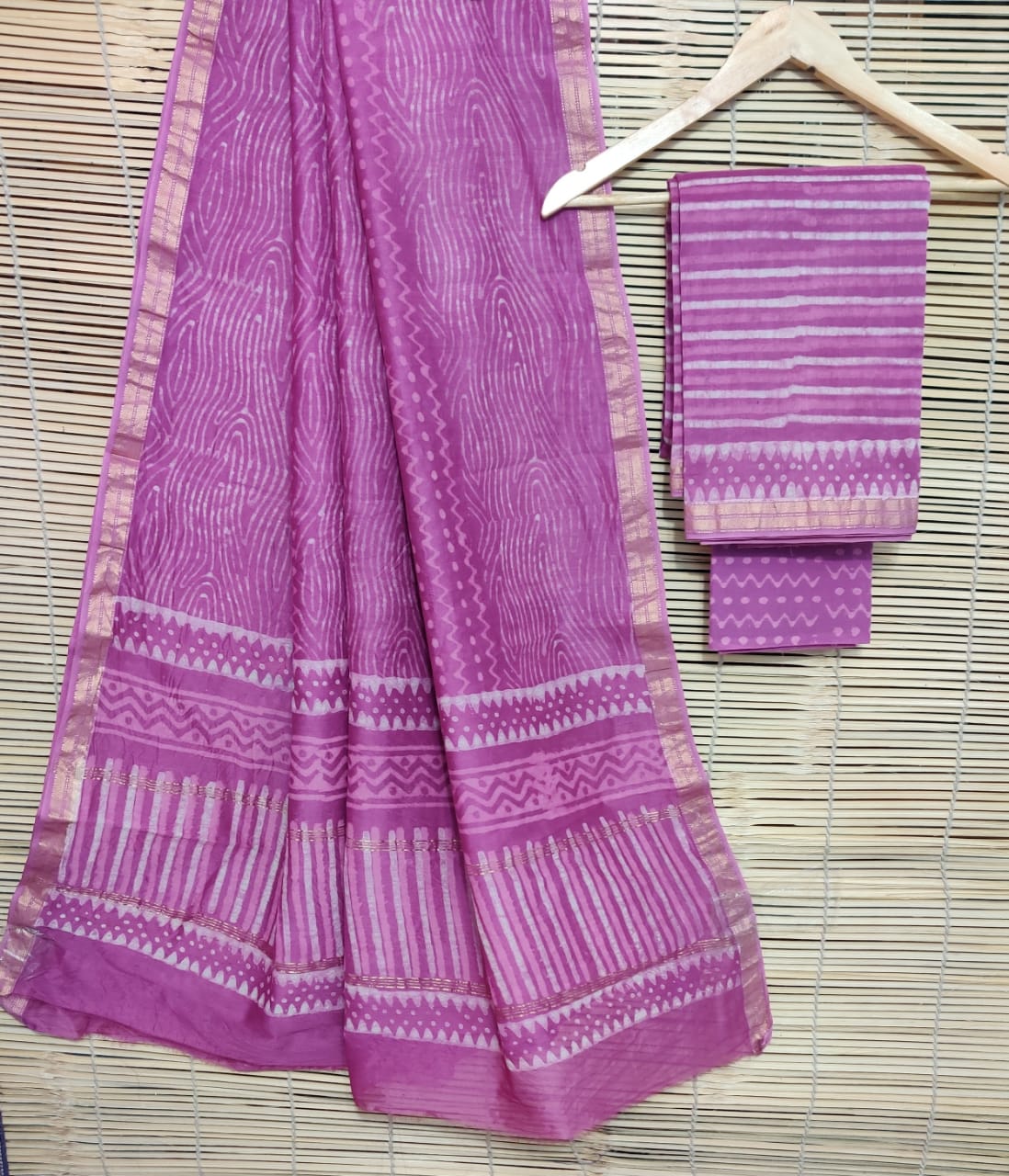 Violet Strips Print Maheshwari Silk  Suit Unstitched with Silk Dupatta