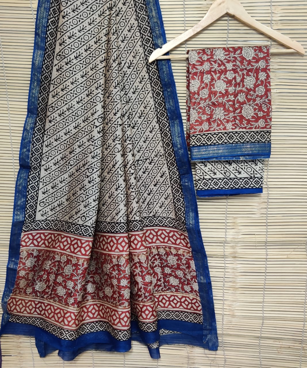 Blue & Brown Flower Print Maheshwari Silk  Suit Unstitched with Silk Dupatta