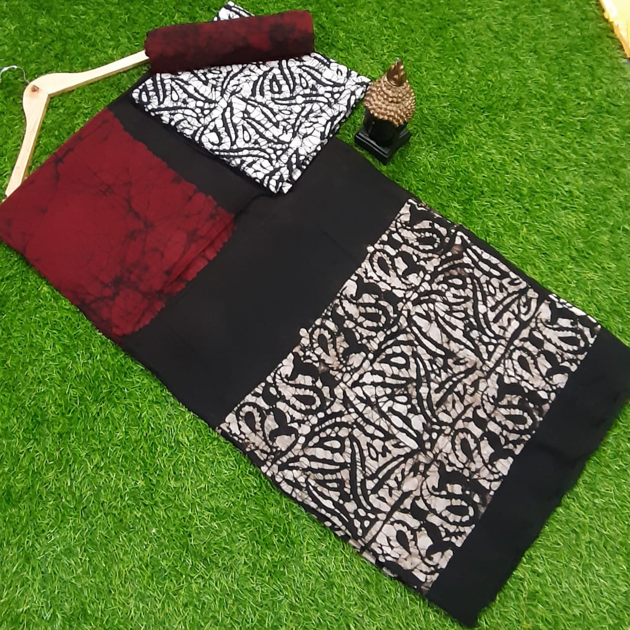 Black Batik Print Cotton Designer Unstitched Suit Set with Cotton Duppatta