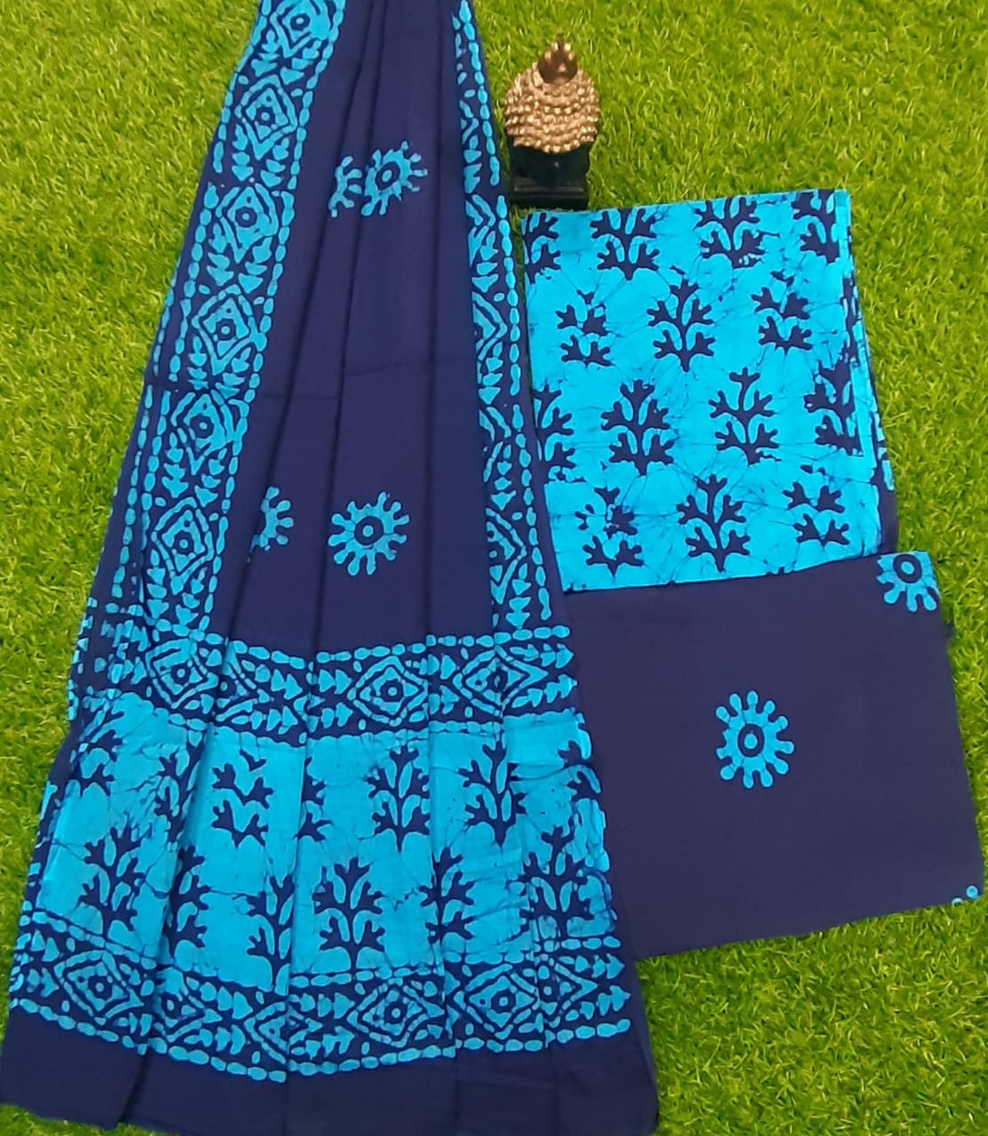 Blue Batik Print Cotton Designer Unstitched Suit Set with Cotton Duppatta