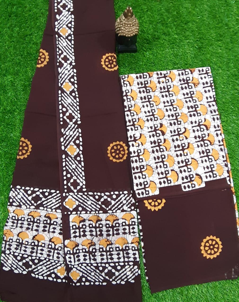 Dark Brown Batik Print Cotton Designer Unstitched Suit Set with Cotton Duppatta