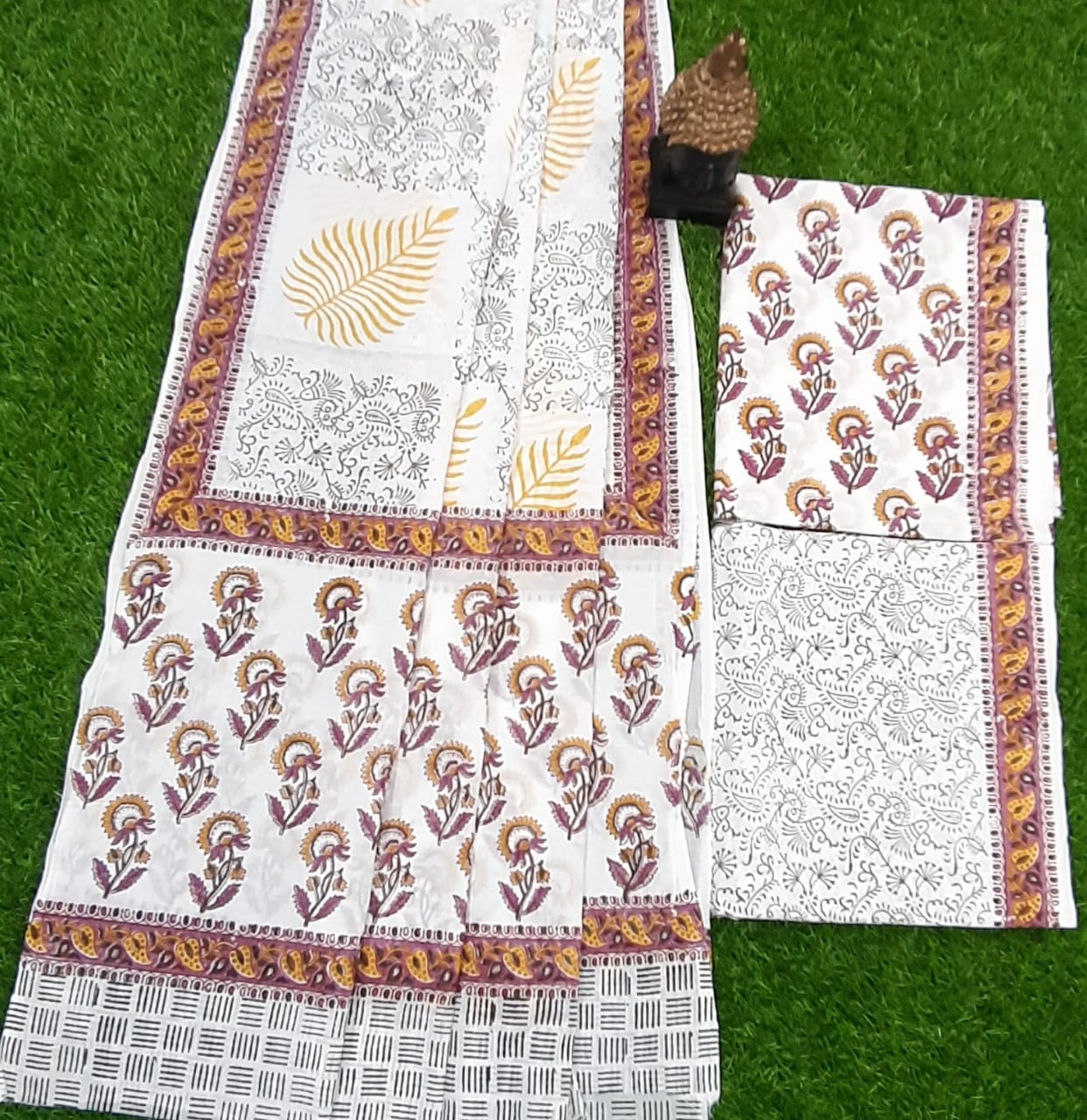 White Flower Print Cotton Designer Unstitched Suit Set with Cotton Duppatta