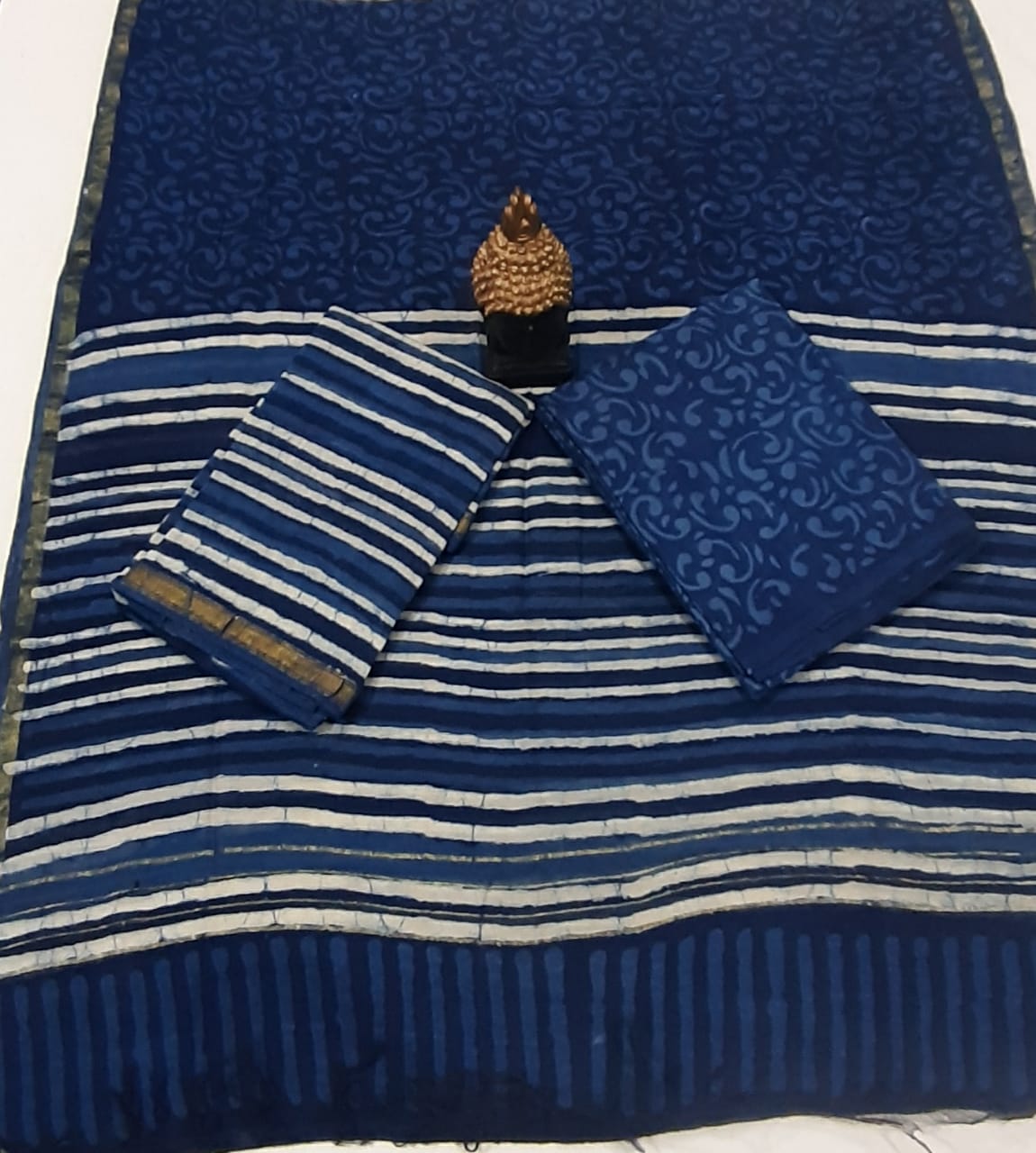 Blue Stripes Print Chanderi Unstitched Suit Set with Chanderi Dupatta