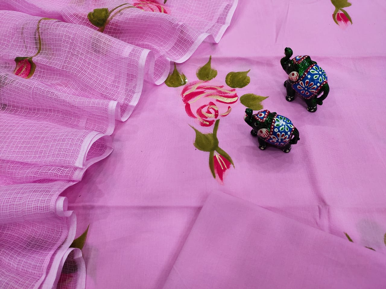 Violet Flower Print Cotton Suit Set with Kota Doria Duppatta