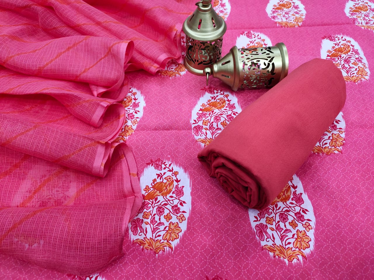 Dark Pink Bird Print Cotton Suit Set with Kota Doria Duppatta