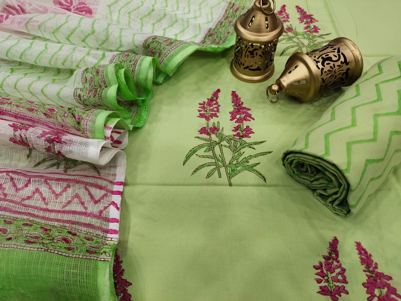 Green Flower Print Cotton Suit Set with Kota Doria Duppatta