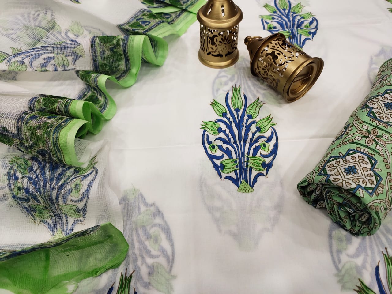 White & Green Flower Print Cotton Suit Set with Kota Doria Duppatta