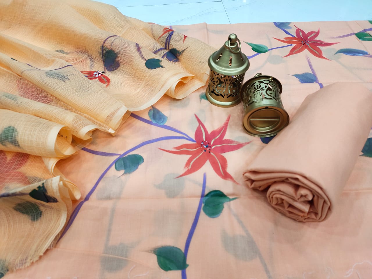 Dark Peach Flower Print Cotton Suit Set with Kota Doria Duppatta