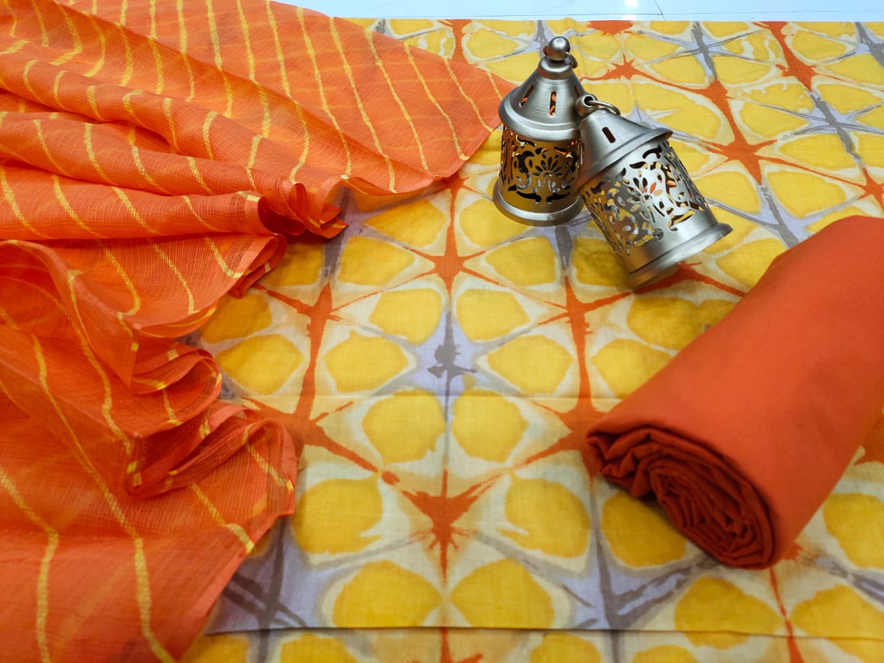 Yellow & Orange Abstract Print Cotton Suit Set with Kota Doria Duppatta