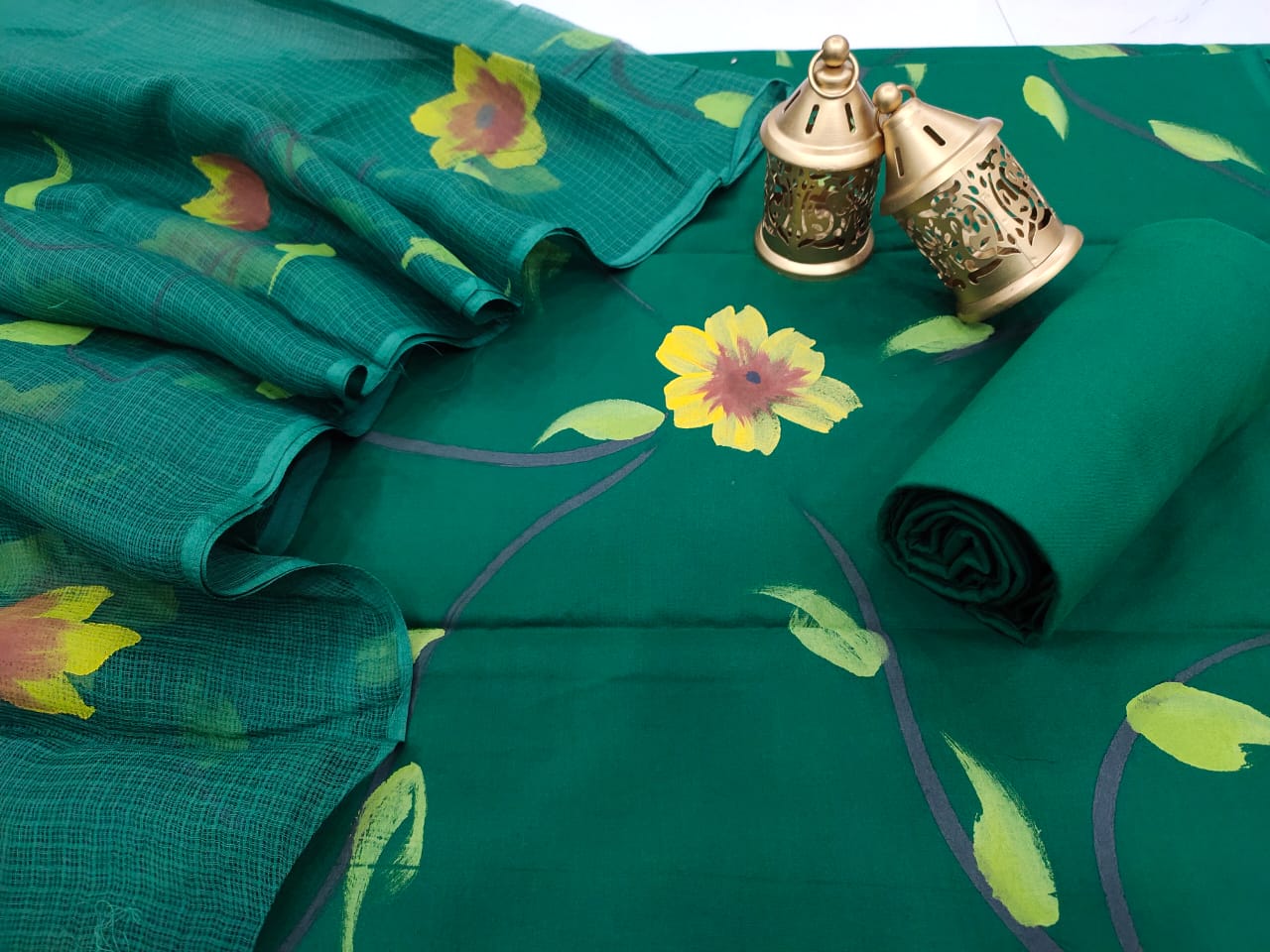 Dark Green Flower Print Cotton Suit Set with Kota Doria Duppatta