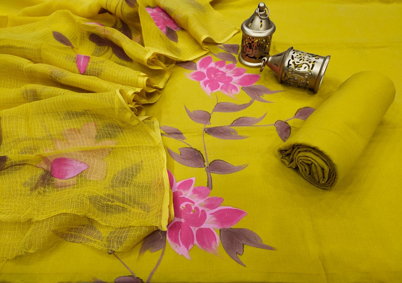 Yellow Flower Print Cotton Suit Set with Kota Doria Duppatta