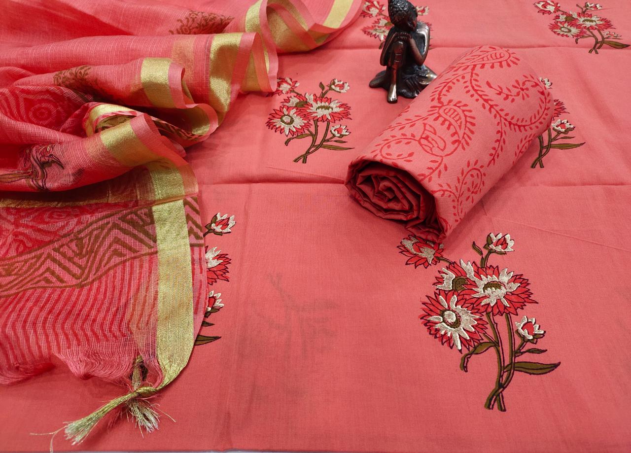 Pink Flower Print Cotton Unstitched Suit Set with Kota Silk Dupatta