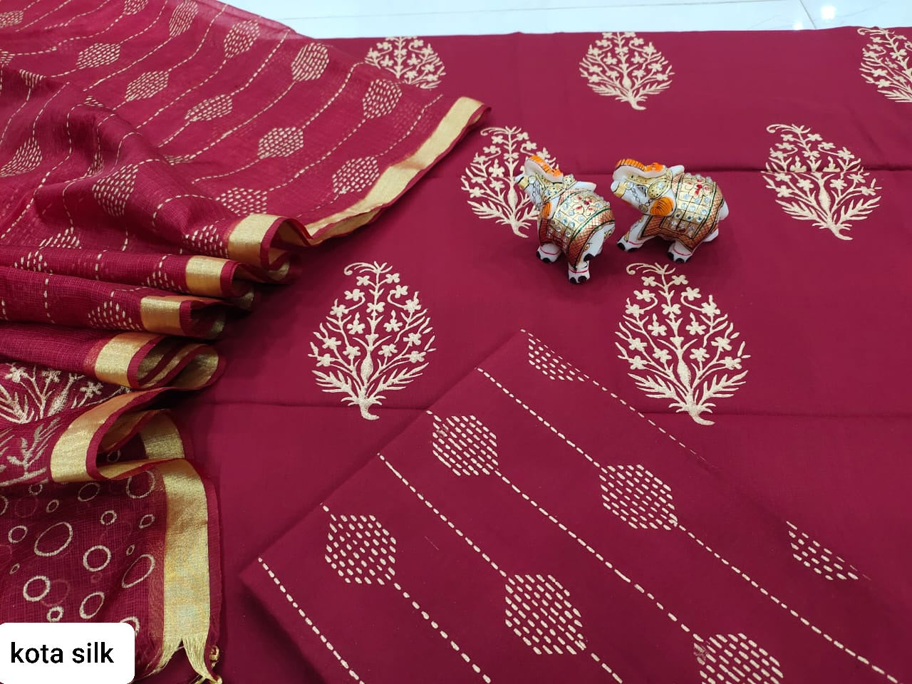 Dark Red Leaf Print Cotton Unstitched Suit Set with Kota Silk Dupatta
