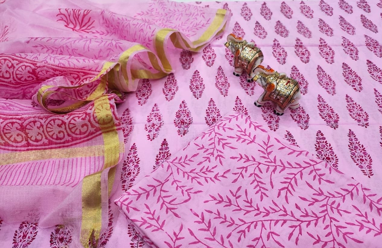 Light Violet Butta Print Cotton Unstitched Suit Set with Kota Silk Dupatta
