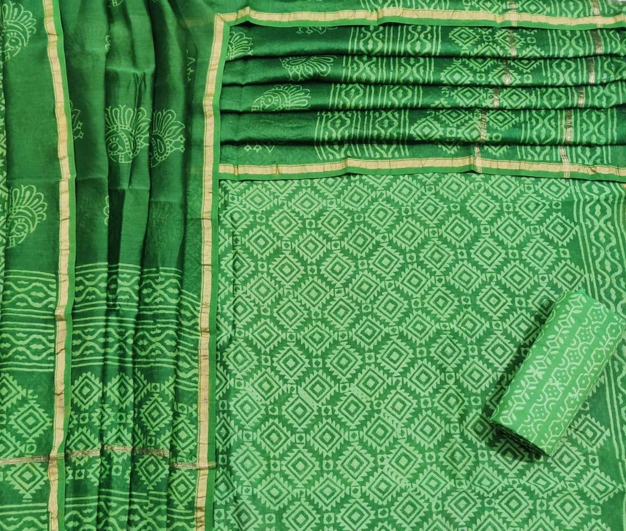 Green Leaf Print Chanderi Unstitched Suit Set with Chanderi Dupatta