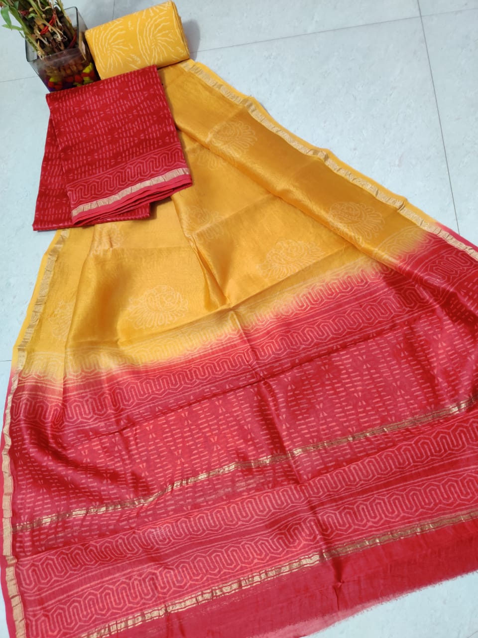 Red & Yellow Leaf Print Chanderi Unstitched Suit Set with Chanderi Dupatta