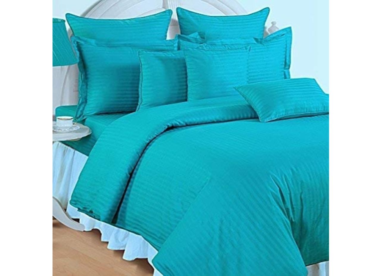 Solid Turquoise Cotton Bed sheet With Satin Lines