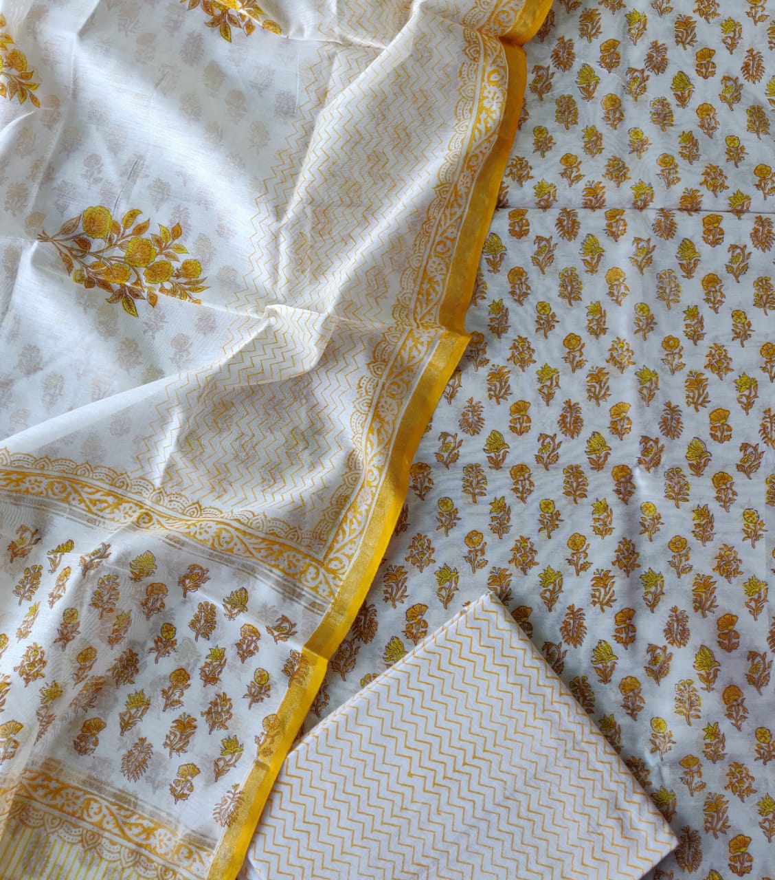 White & Gold Flower Print Chanderi Unstitched Suit Set with Chanderi Dupatta
