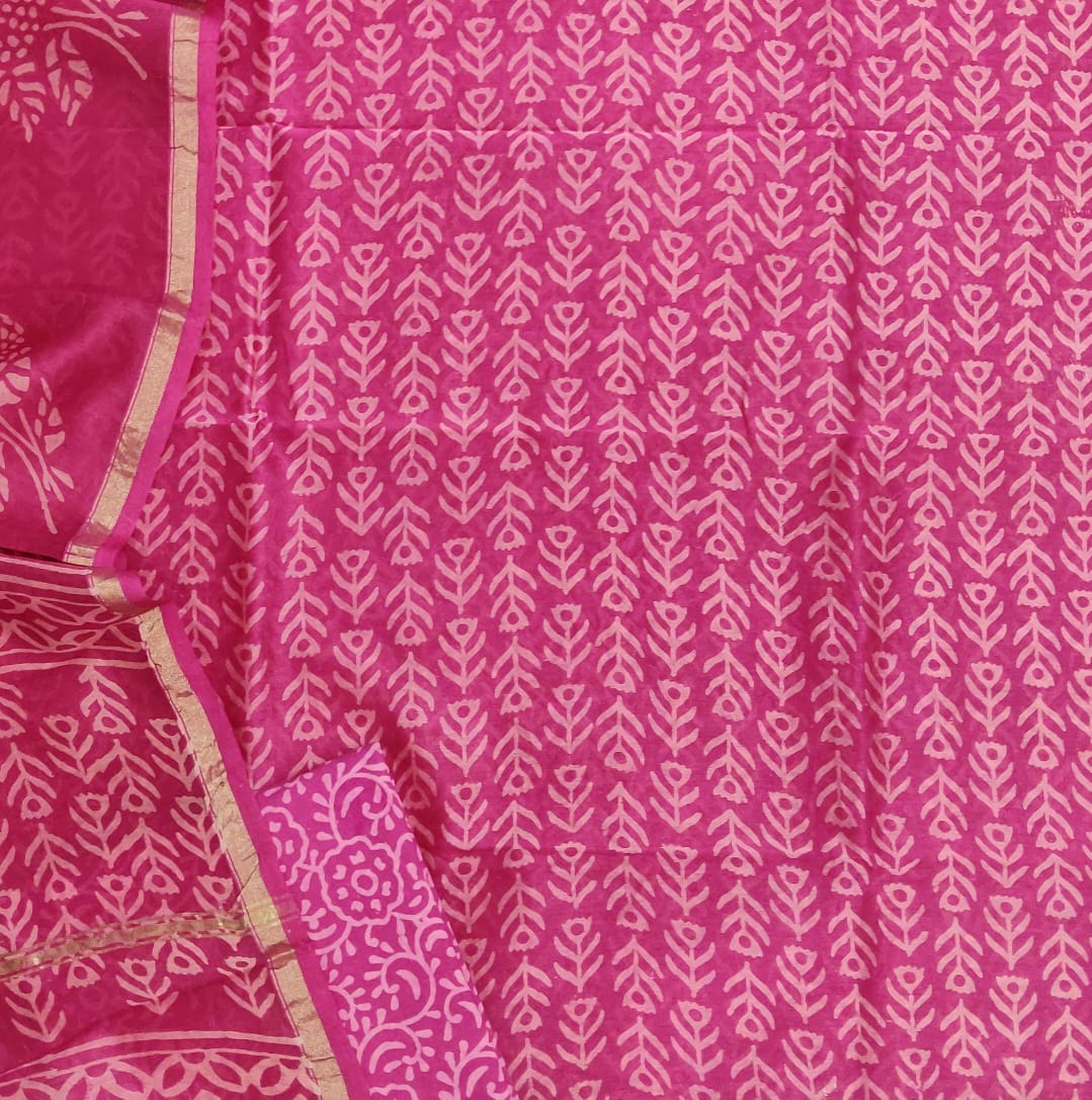 Dark Pink Leaf Print Chanderi Unstitched Suit Set with Chanderi Dupatta