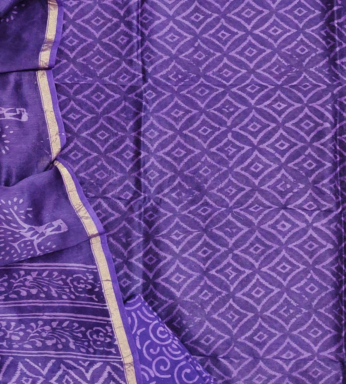 Dark Violet Leaf Print Chanderi Unstitched Suit Set with Chanderi Dupatta