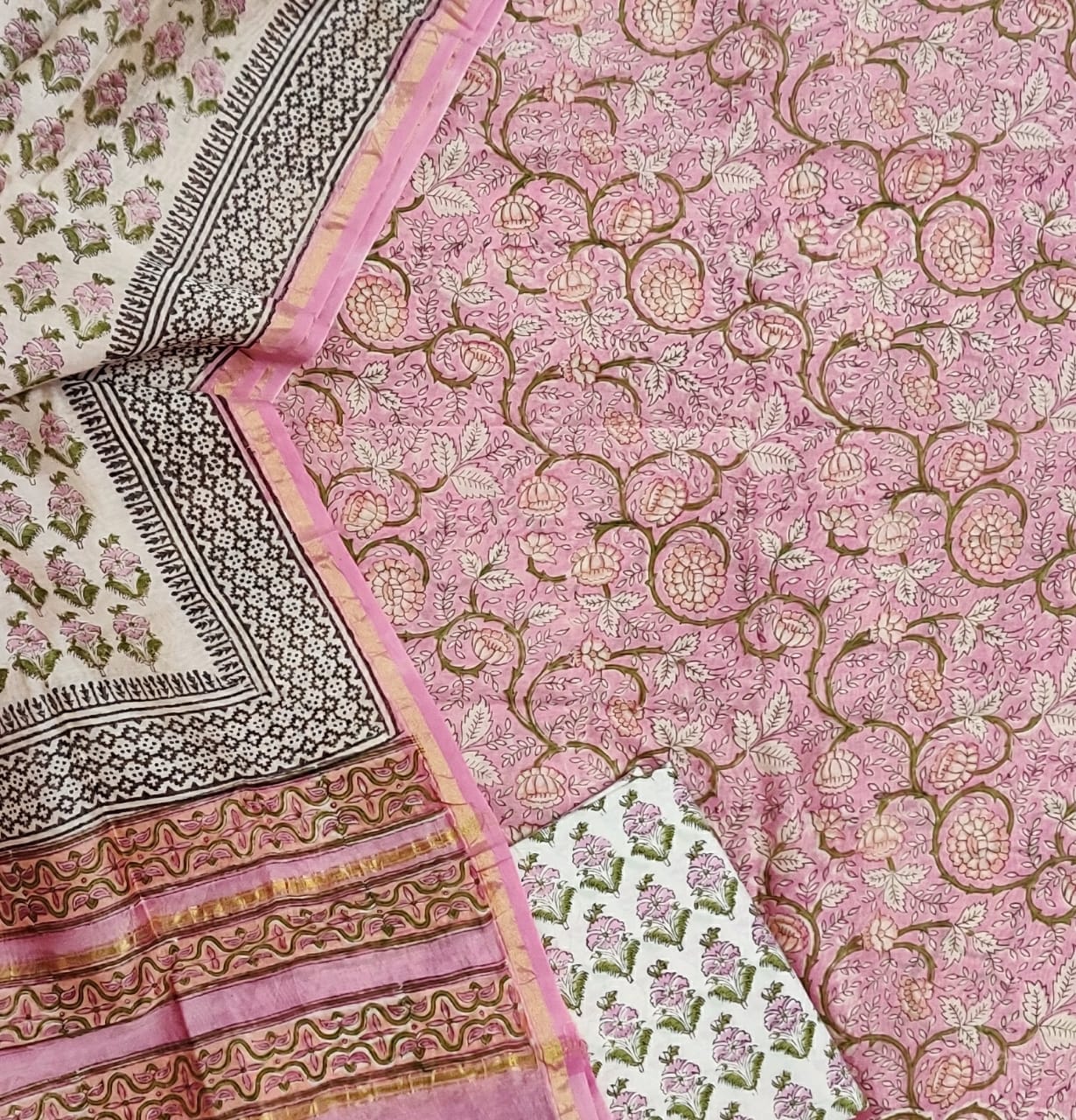 Pink Flower Print Chanderi Unstitched Suit Set with Chanderi Dupatta