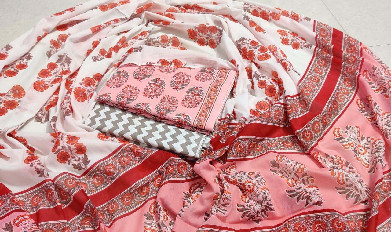 White & Pink Flower Print Cotton Unstitched Suit Set with Cotton Dupatta