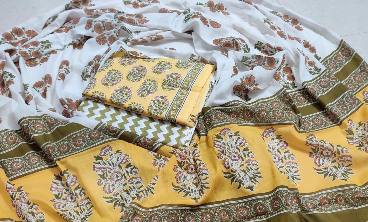White & Yellow Flower Print Cotton Unstitched Suit Set with Cotton Dupatta