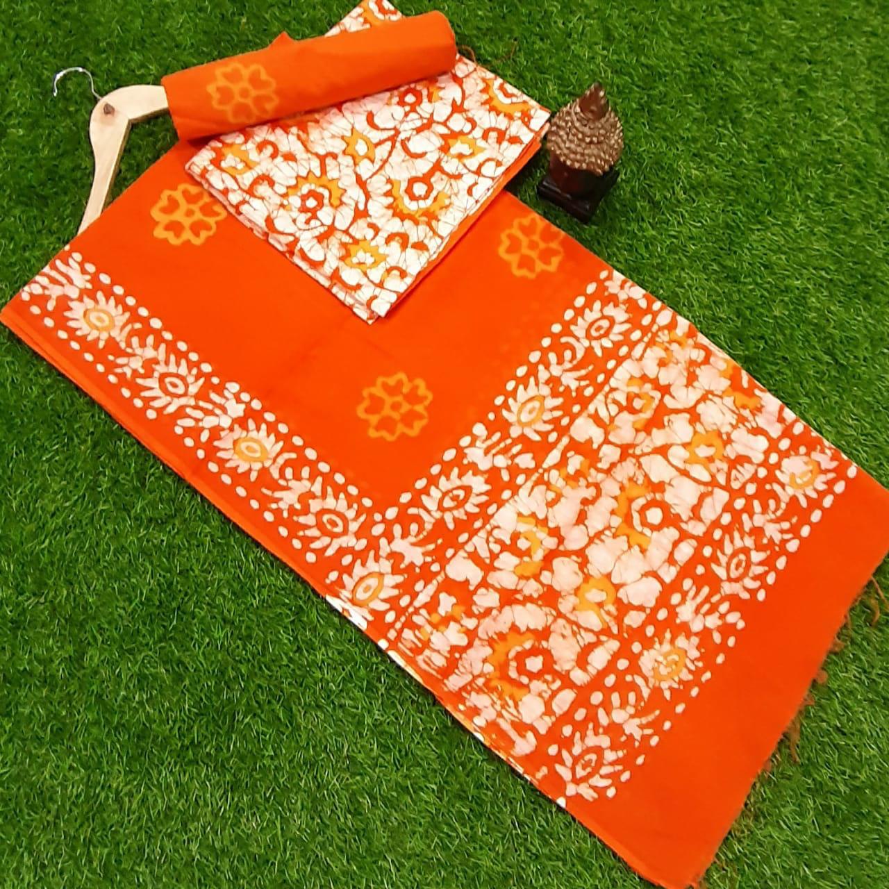 Orange Batik Print Cotton Designer Unstitched Suit Set with Cotton Duppatta