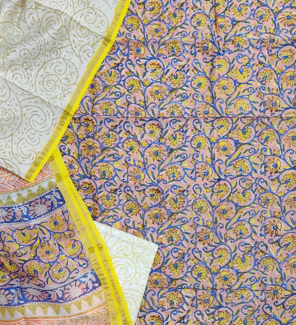 Pink & Yellow Flower Print Chanderi Unstitched Suit Set with Chanderi Dupatta