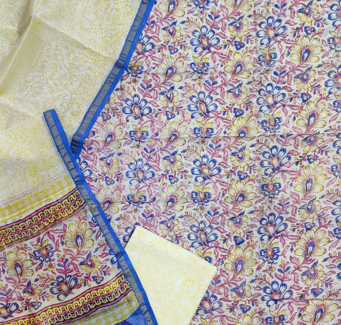 Yellow & Blue Flower Print Chanderi Unstitched Suit Set with Chanderi Dupatta