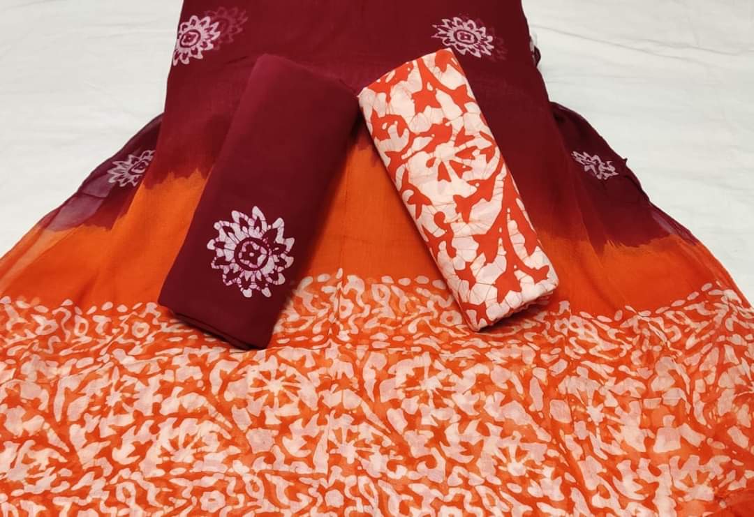 Orange Leaf Cotton Unstitched Suit Set with Chiffon Dupatta