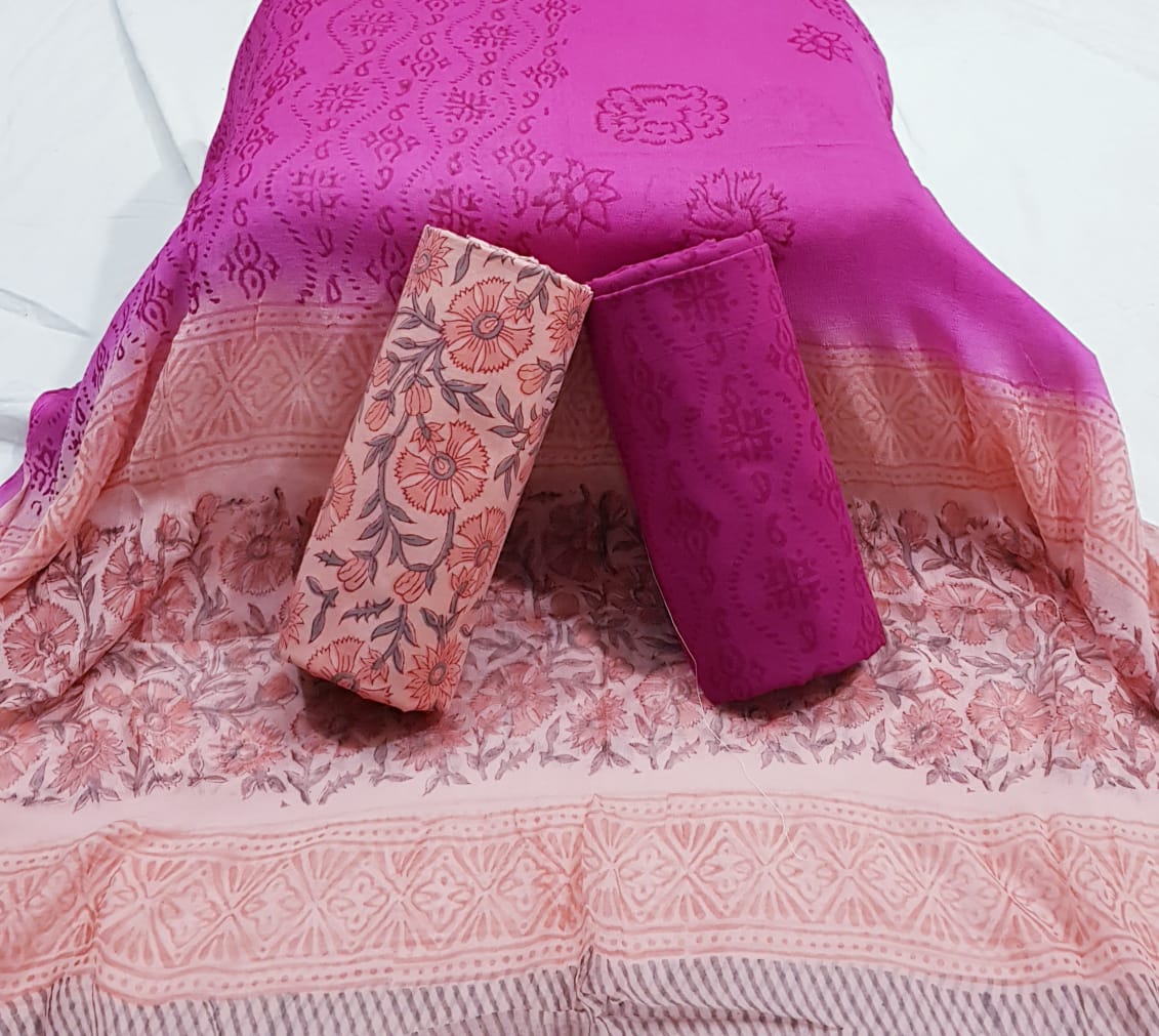 Light Pink Flower Print Cotton Unstitched Suit Set with Chiffon Dupatta