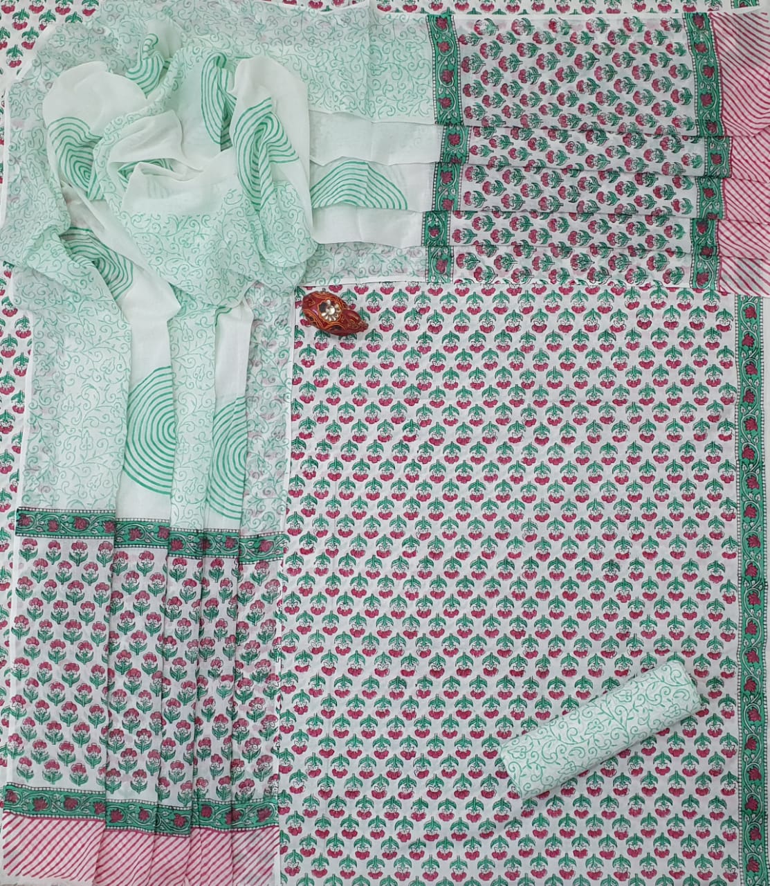 Light Green Flower Print Cotton Unstitched Suit Set with Cotton Dupatta