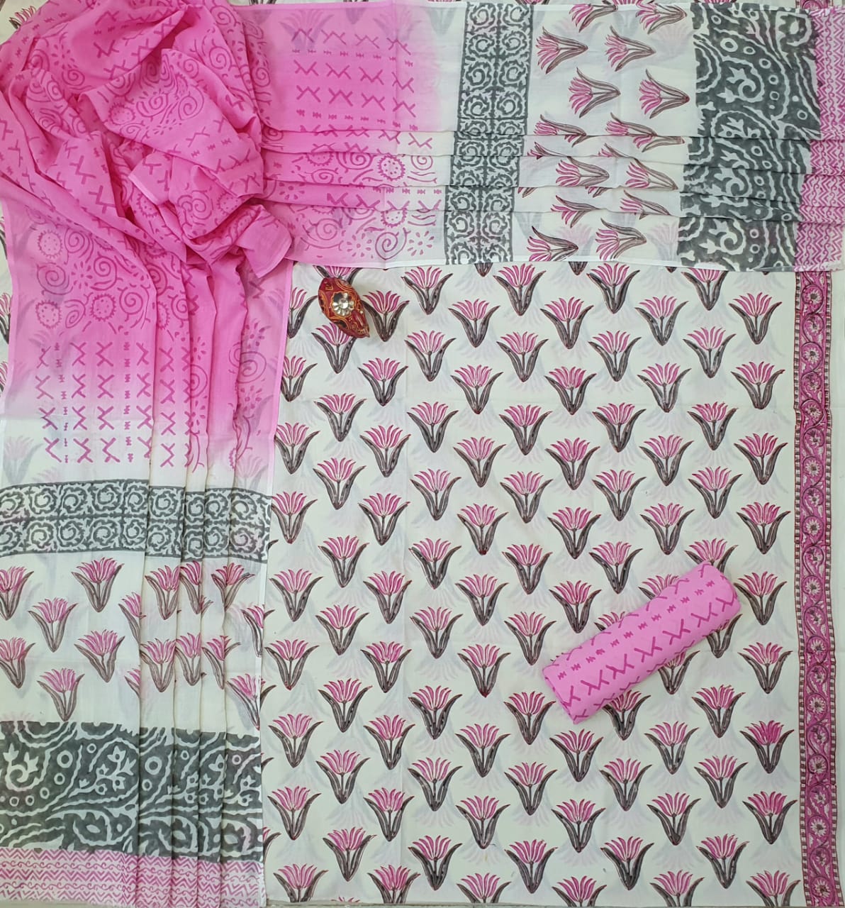 White & Pink Flower Print Cotton Unstitched Suit Set with Cotton Dupatta