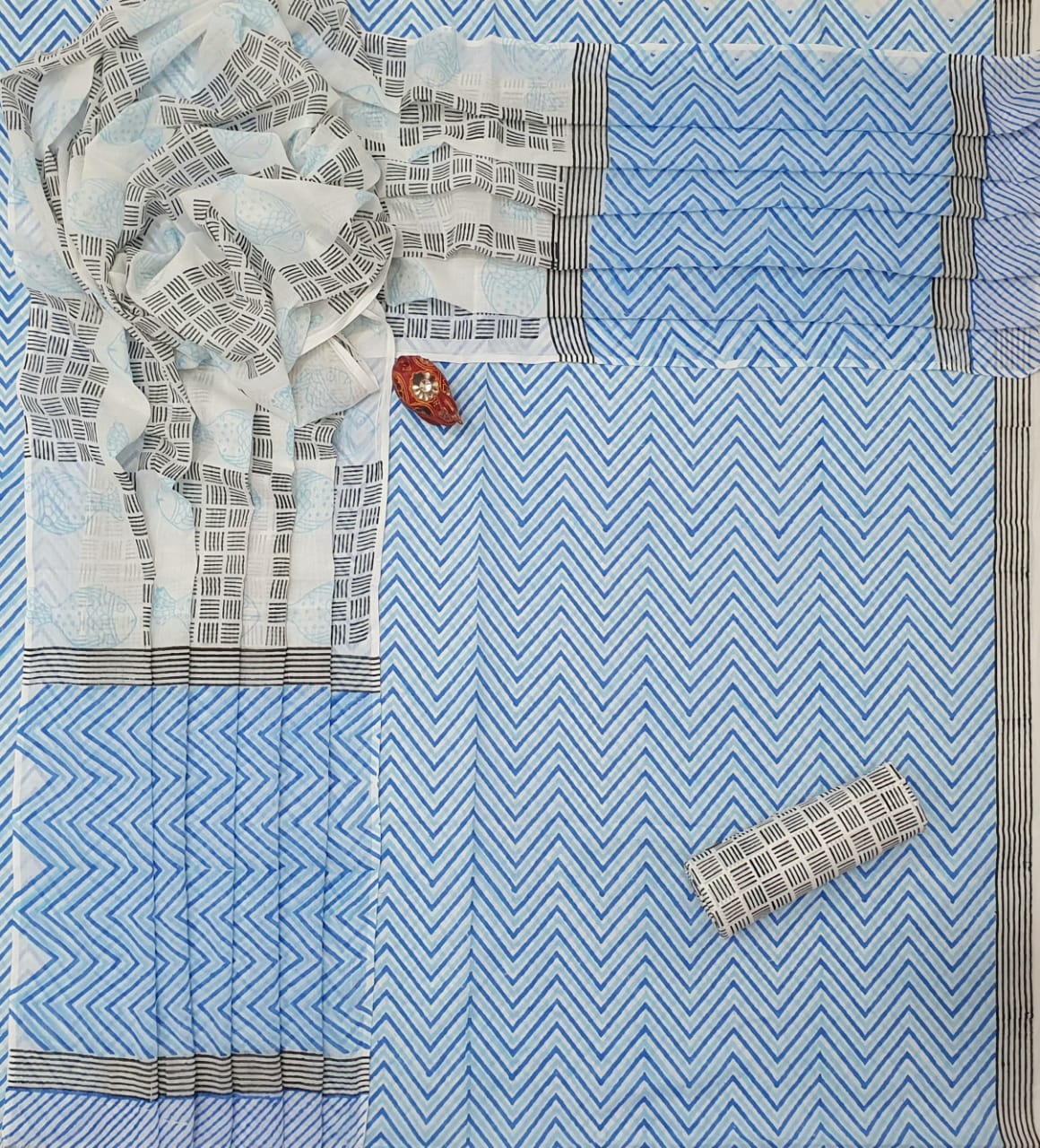 Sky Blue Zig Zag Print Cotton Unstitched Suit Set with Cotton Dupatta