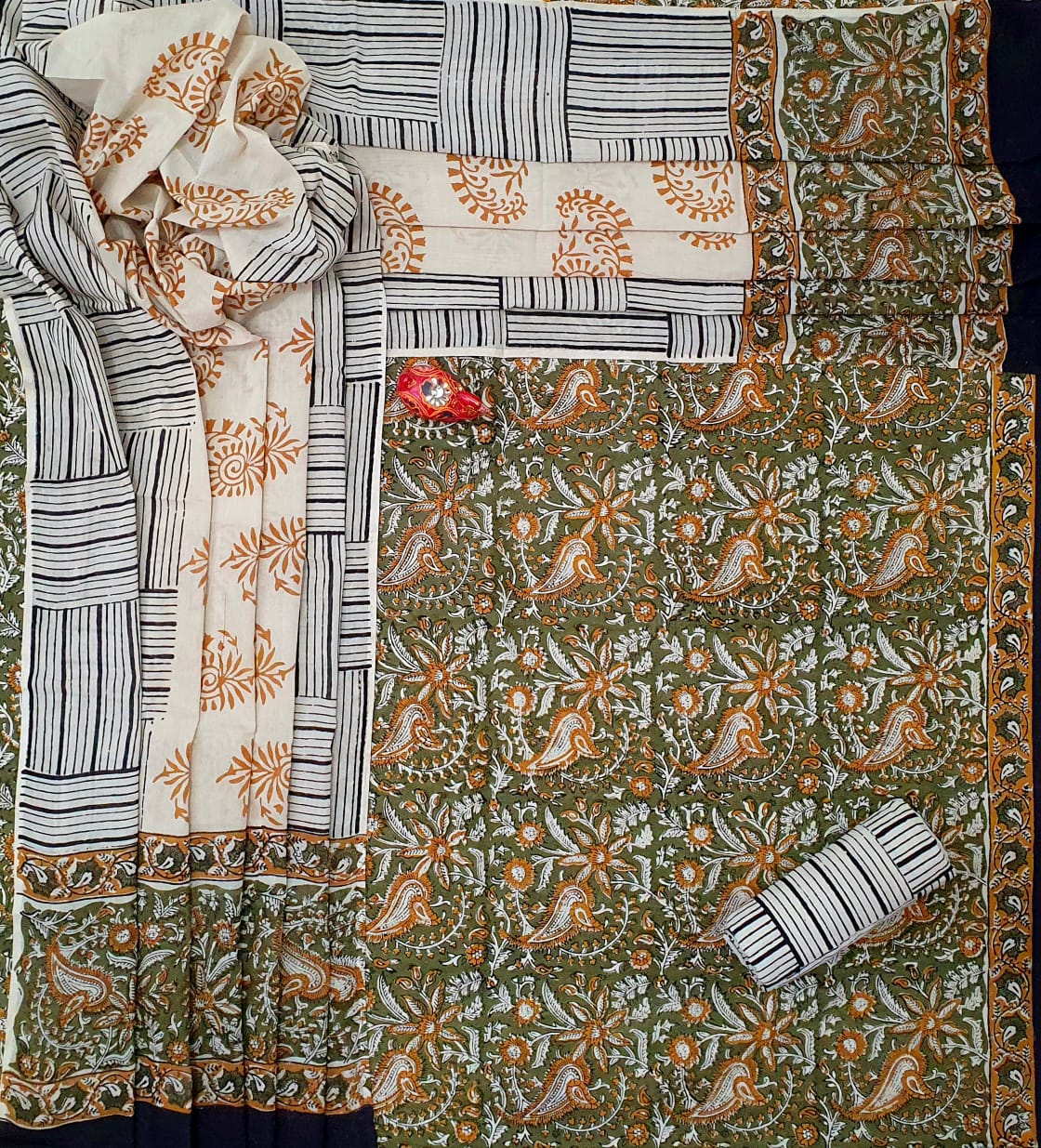 Dark Green Flower Print Cotton Unstitched Suit Set with Cotton Dupatta
