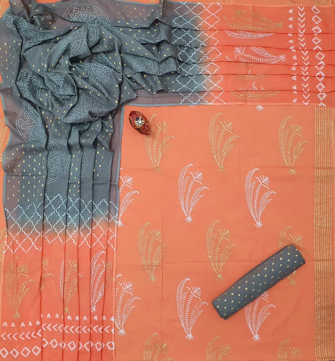Peach Leaf Print Cotton Unstitched Suit Set with Cotton Dupatta