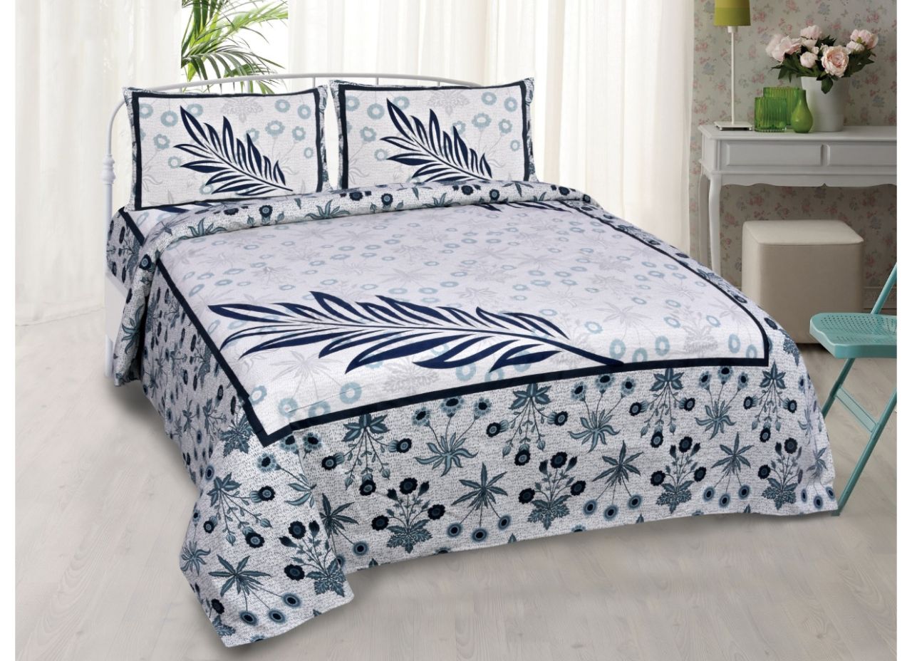Beautiful Blue Feather Print King Size Cotton Bed Sheet