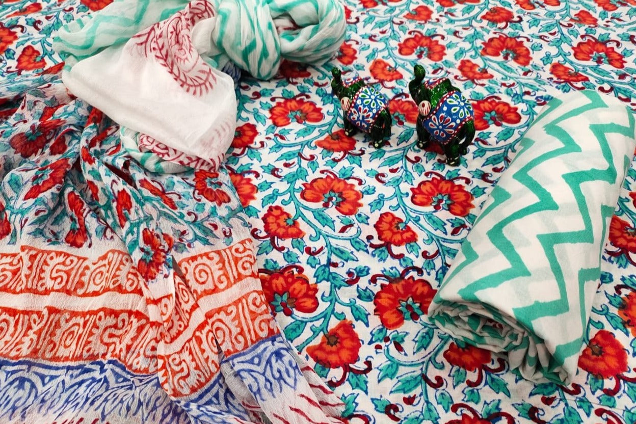 Multi Color Flower Print Cotton Unstitched Suit Set with Chiffon Dupatta