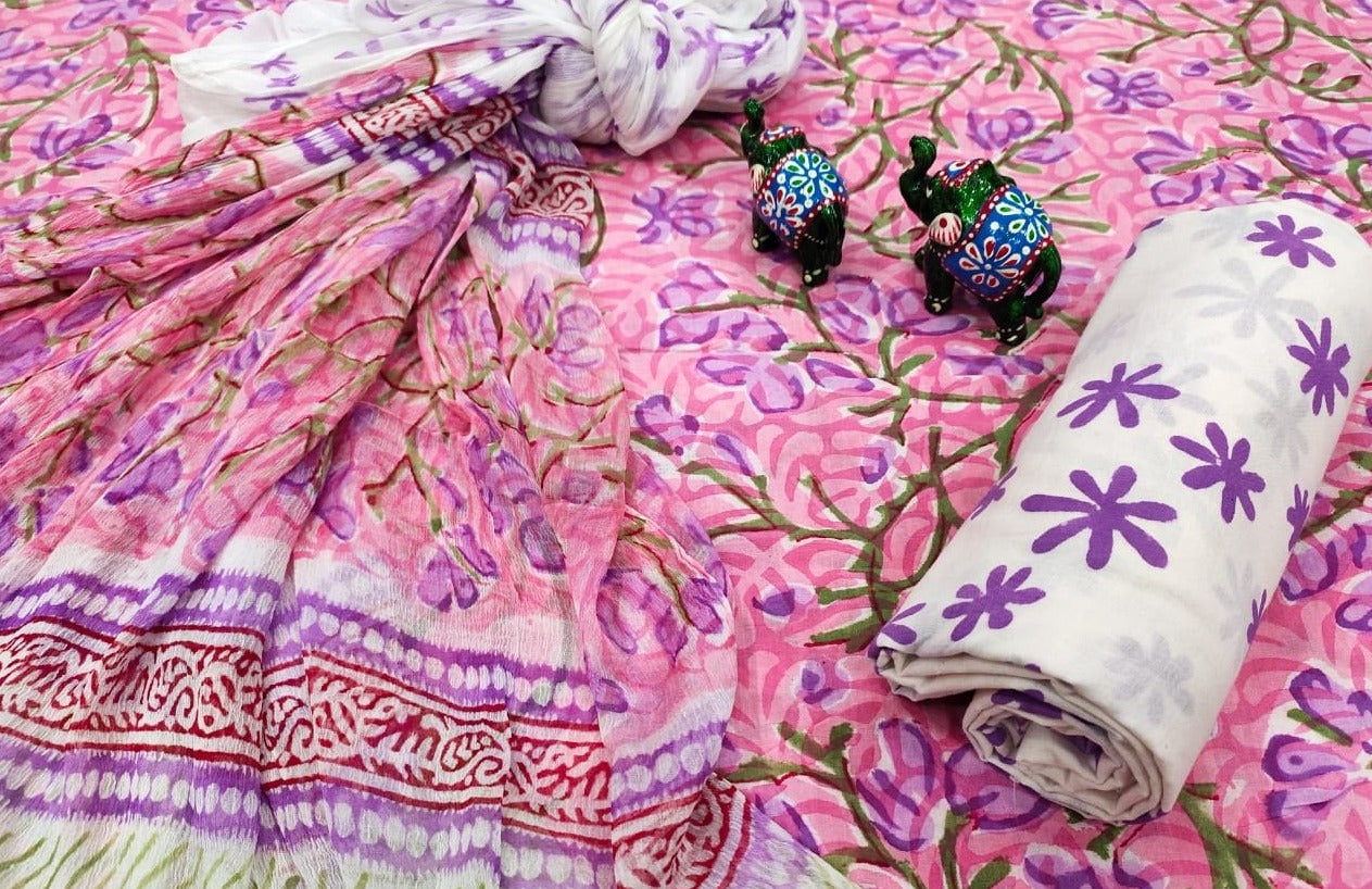 Pink & Violet Flower Print Cotton Unstitched Suit Set with Chiffon Dupatta