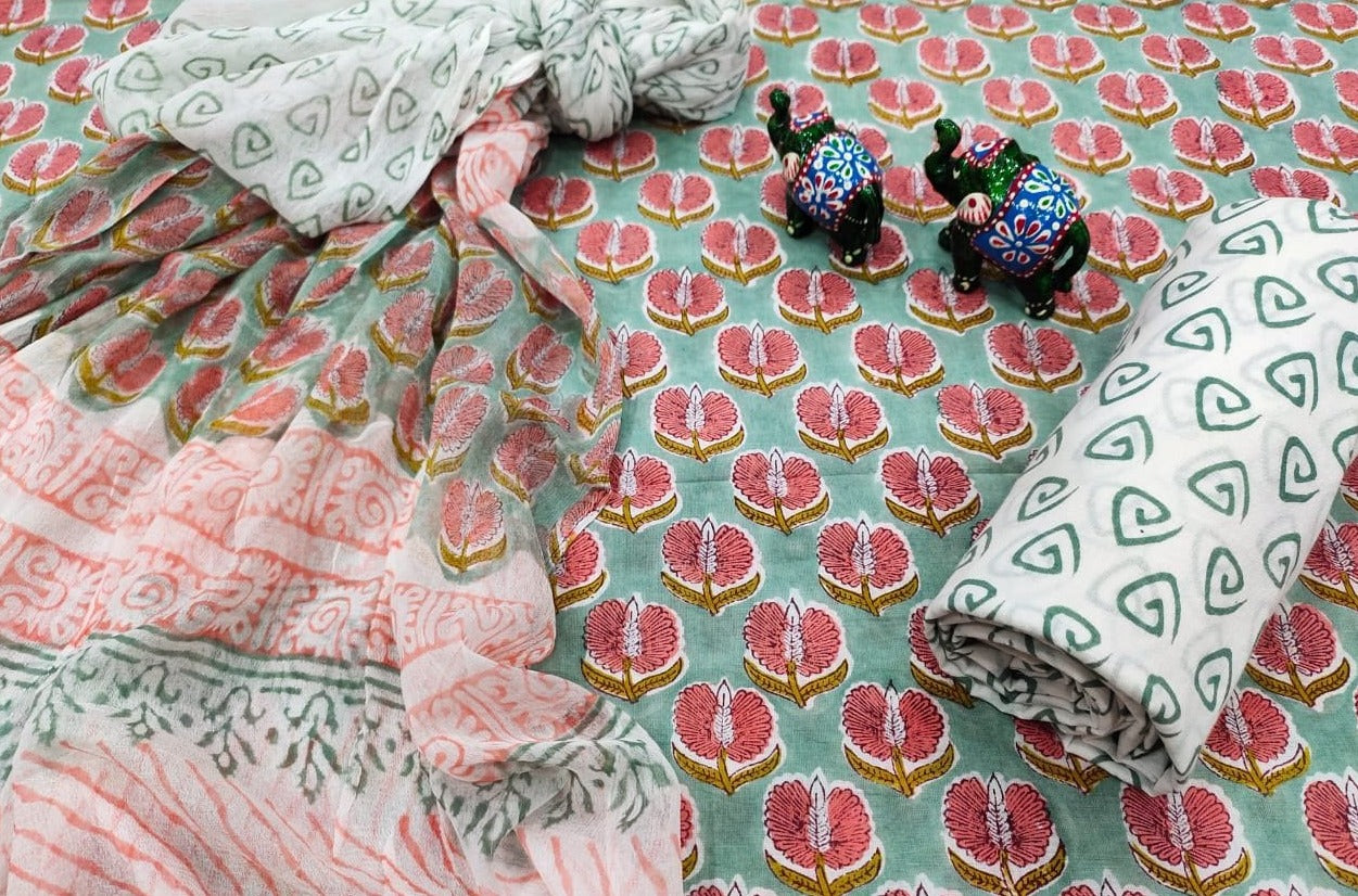 Green & Peach Flower Print Cotton Unstitched Suit Set with Chiffon Dupatta
