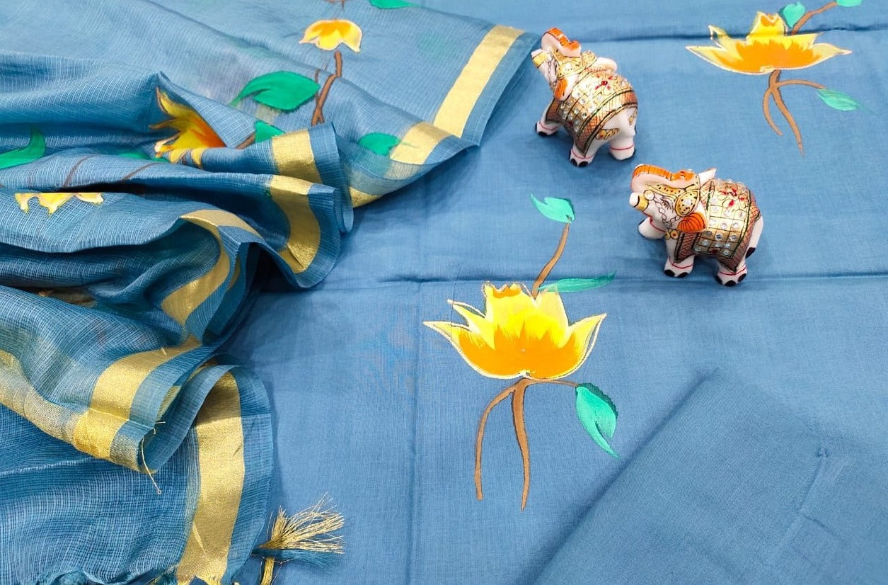 Sky Blue Flower Print Cotton Unstitched Suit Set with Kota Silk Dupatta