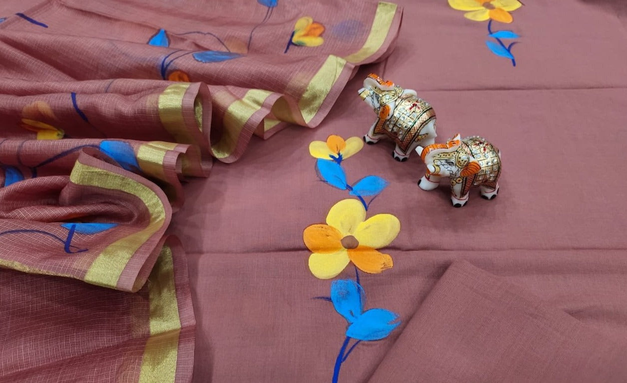 Rose Red Flower Print Cotton Unstitched Suit Set with Kota Silk Dupatta