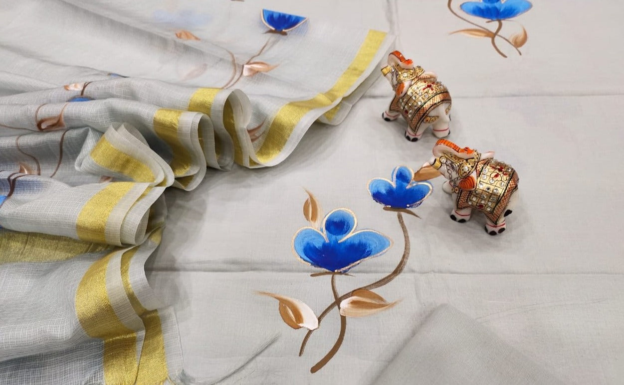 Light Grey Flower Print Cotton Unstitched Suit Set with Kota Silk Dupatta