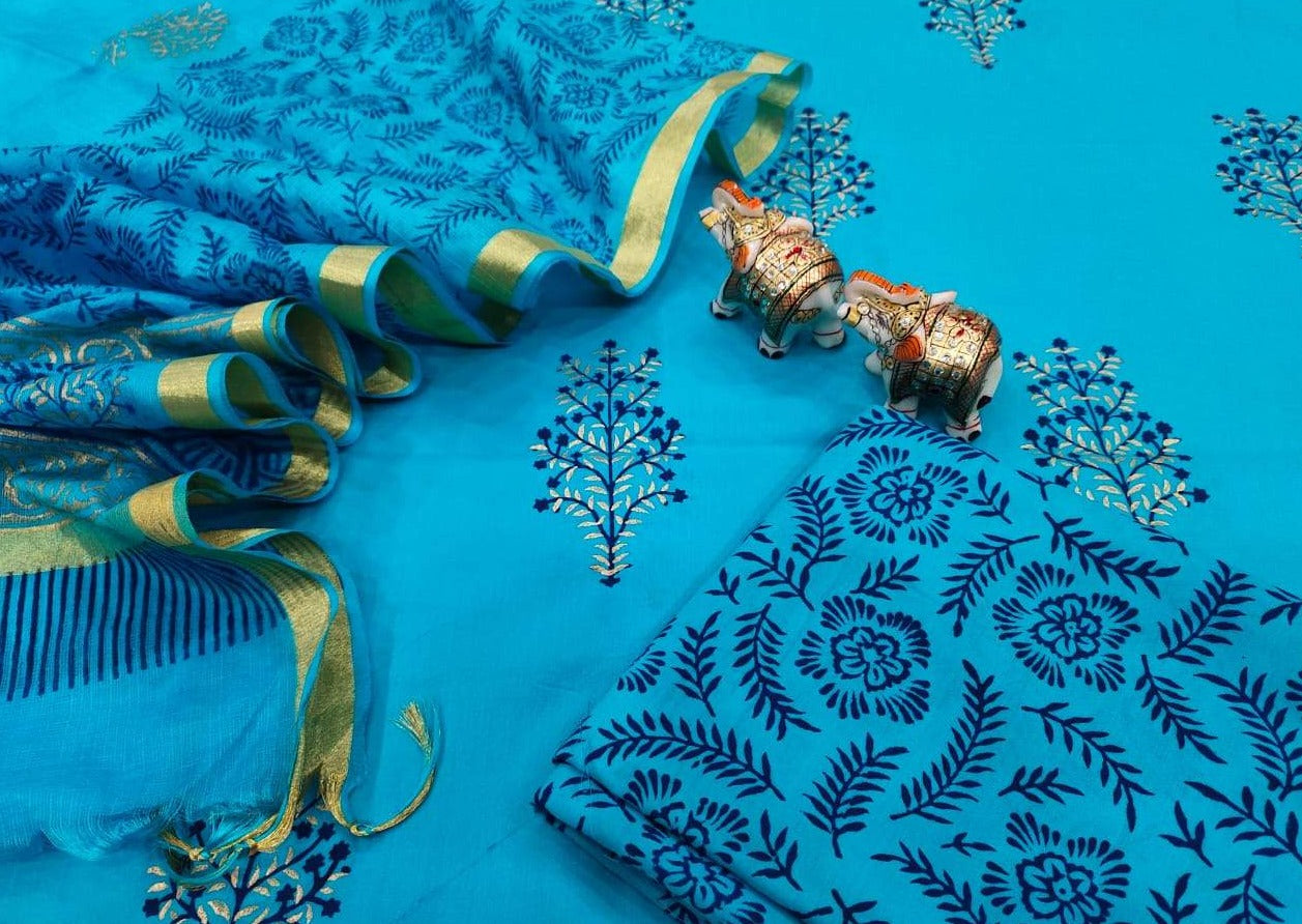 Blue Flower Print Cotton Unstitched Suit Set with Kota Silk Dupatta