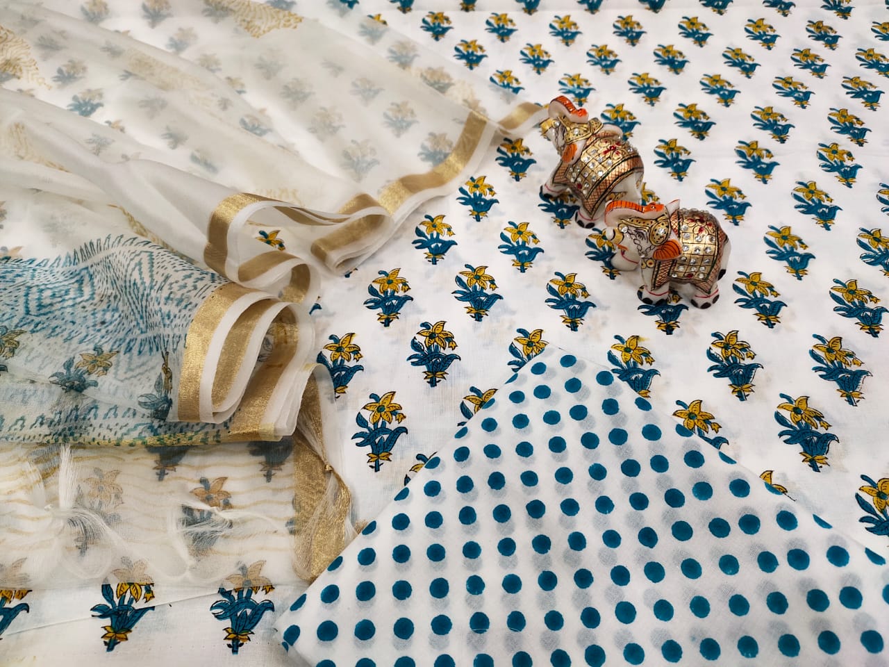 White Flower Print Cotton Unstitched Suit Set with Kota Silk Dupatta