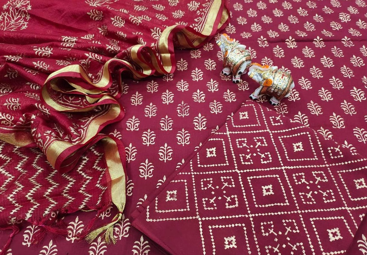 Maroon Leaf Print Cotton Unstitched Suit Set with Kota Silk Dupatta