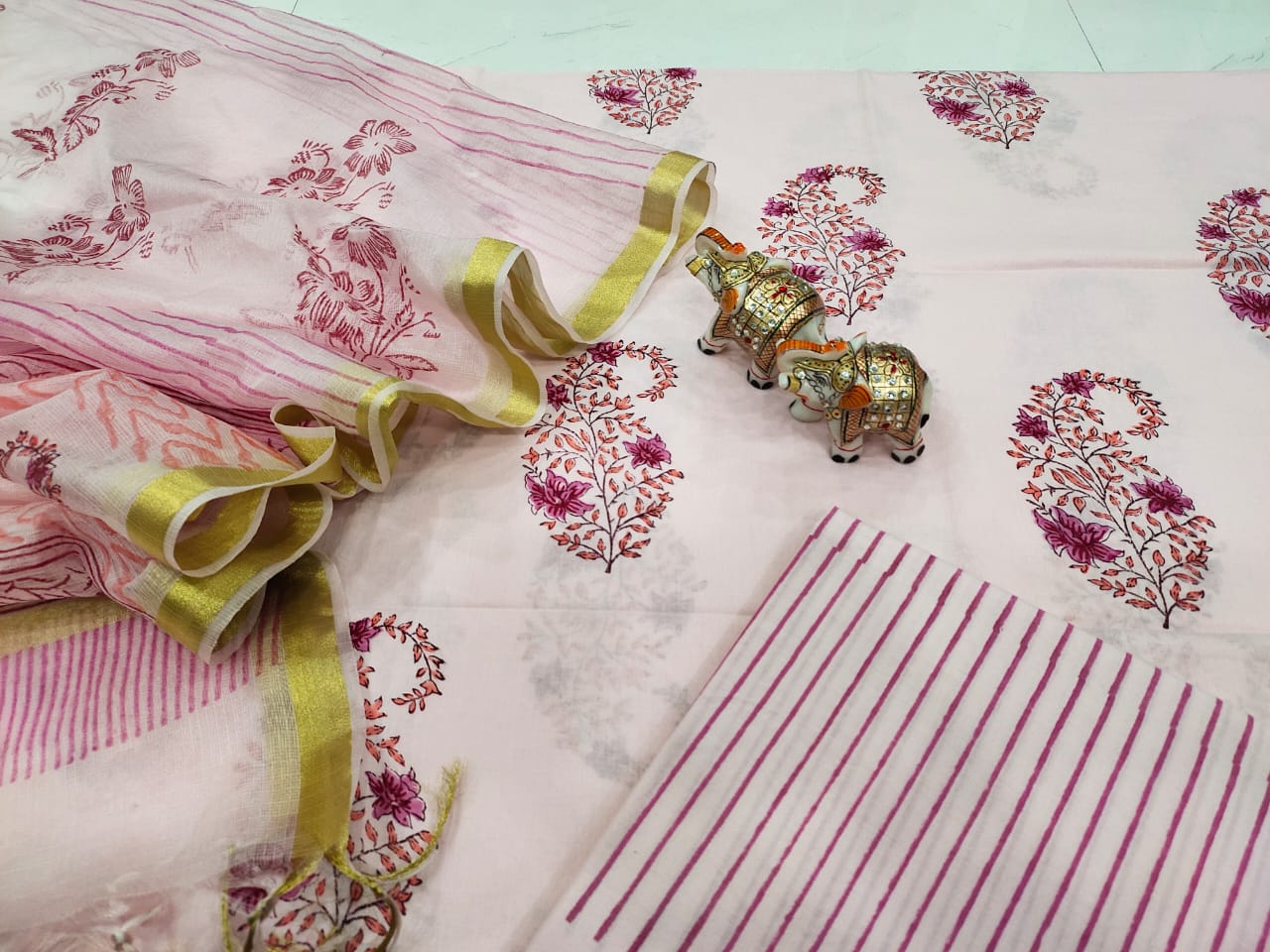 Light Pink Flower Print Cotton Unstitched Suit Set with Kota Silk Dupatta