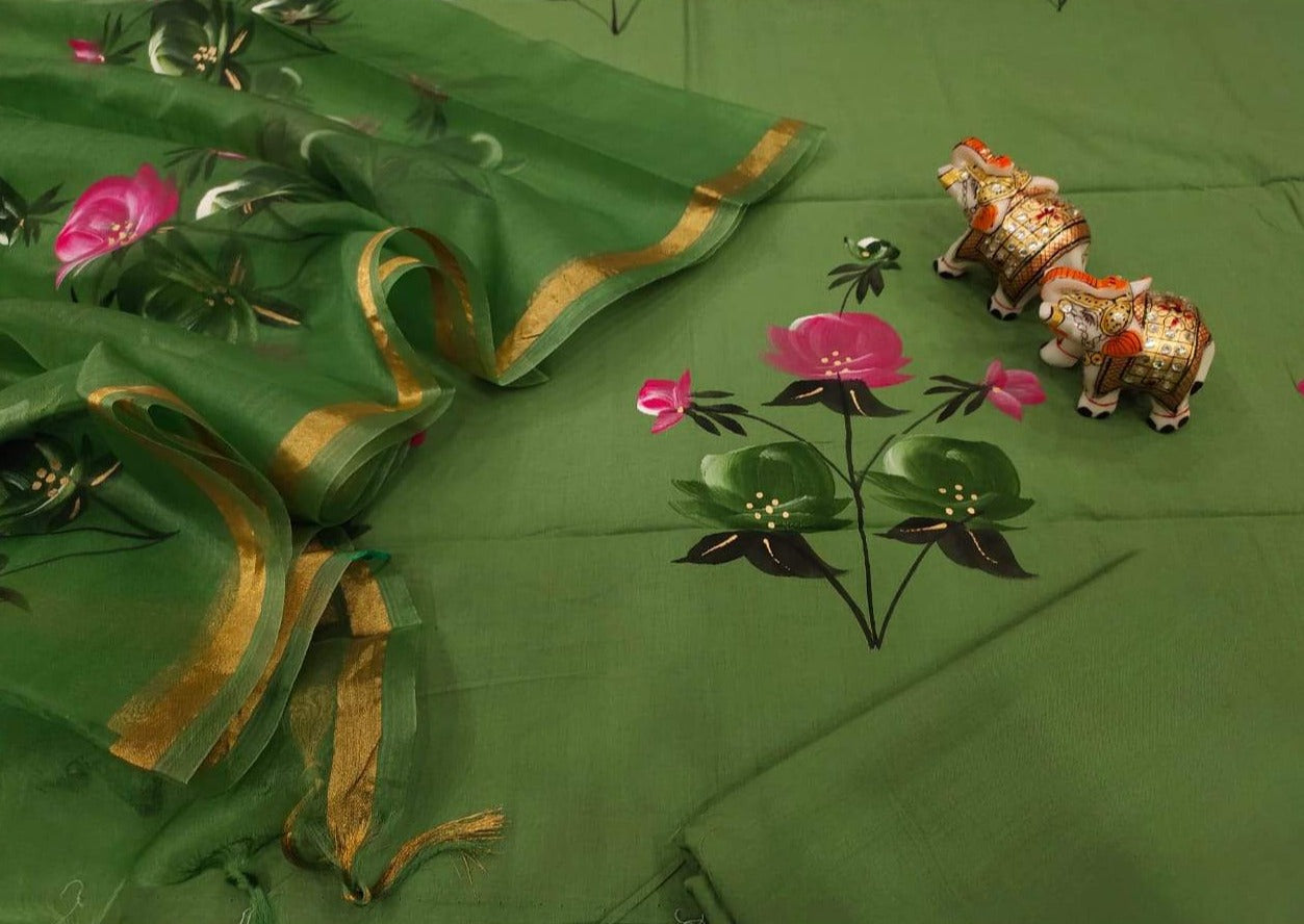 Green Flower Print Cotton Unstitched Suit Set with Kota Silk Dupatta